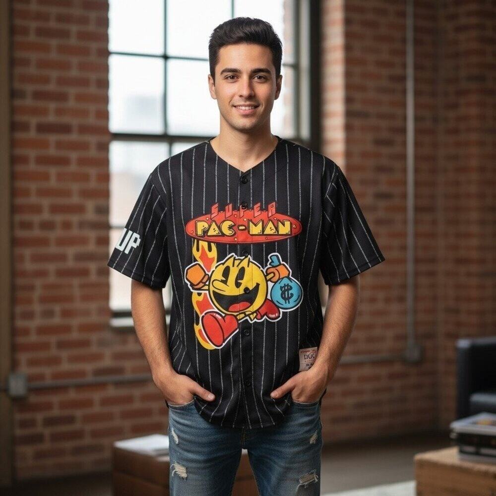 Pac-Man Retro Arcade Baseball Jersey XL Black Pinstripe 1UP Gaming Shirt